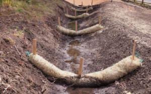 Straw barriers in a ditch for erosion control