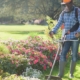 Lawn care worker trimming vibrant flowers