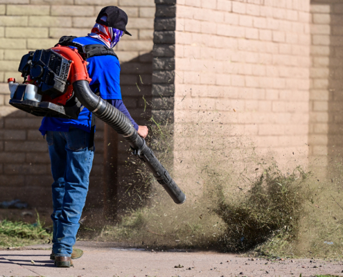 Worker using leaf blower to clear landscape trimmings from walkway